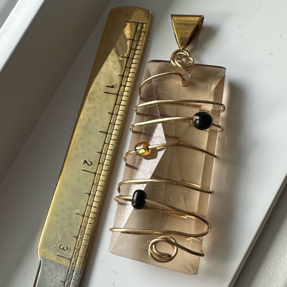 Pendant Gold Tone Wire with Beads Wrapped Glass Pendant